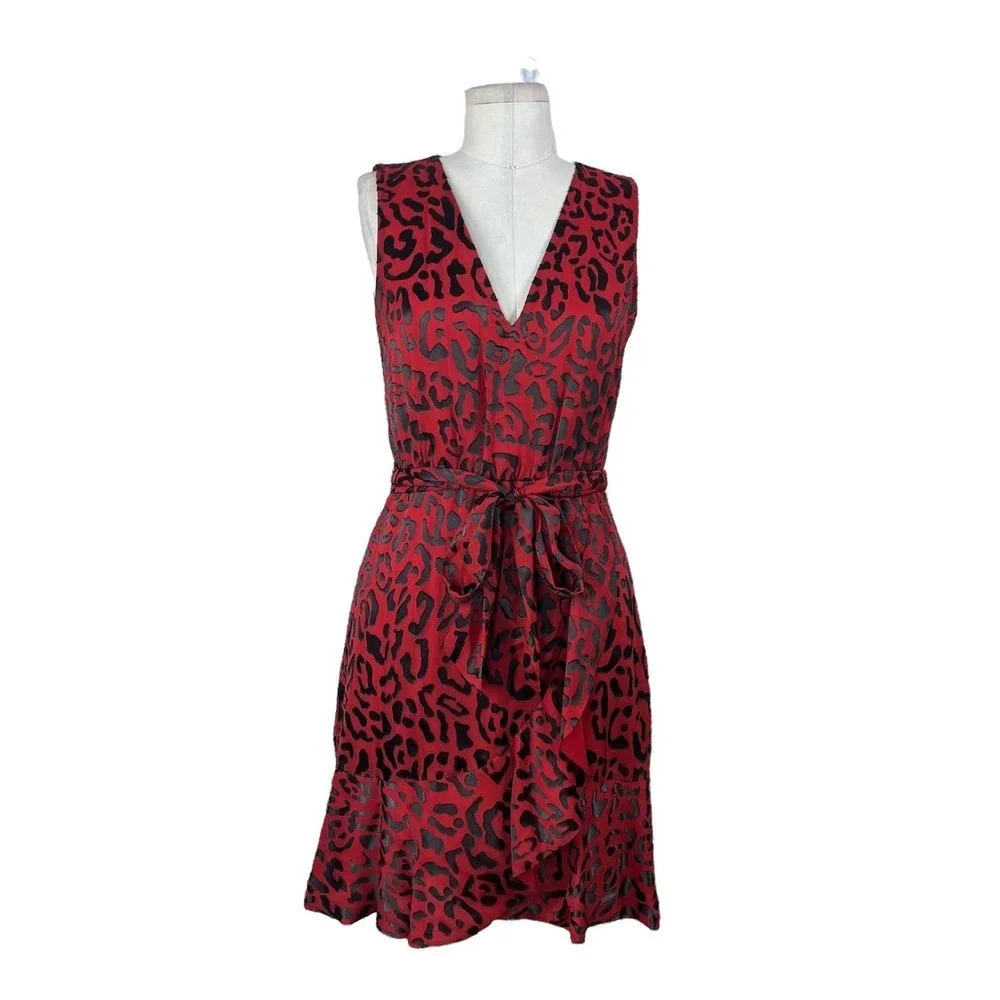 Alice + Olivia Brooks Dress Wrap Sleeveless Leopard Print Red Black Size 2